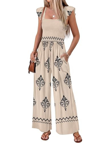Ekouaer Womens Casual Jumpsuits Summer Boho Outfits Printed Smocked Wide Leg Vacation Jumper With Pockets Apricot Print L | Amazon (US)
