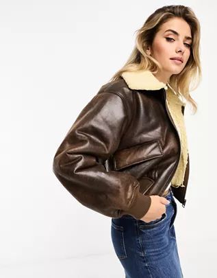 Pull&Bear borg trim cropped faux leather bomber jacket in chocolate brown | ASOS (Global)