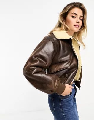 Pull&Bear borg trim cropped faux leather bomber jacket in chocolate brown | ASOS (Global)