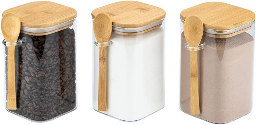 Set of 3 Square Glass Food Storage Containers With Bamboo Lids & Spoons – Decorative Airtight 4... | Amazon (US)