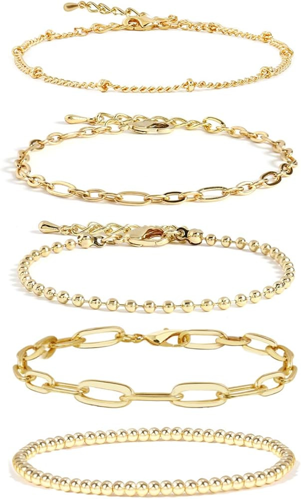 CONRAN KREMIX Gold Bracelet Sets for Women Girls 14K Real Gold Chain Dainty Link Paperclip Bracel... | Amazon (US)