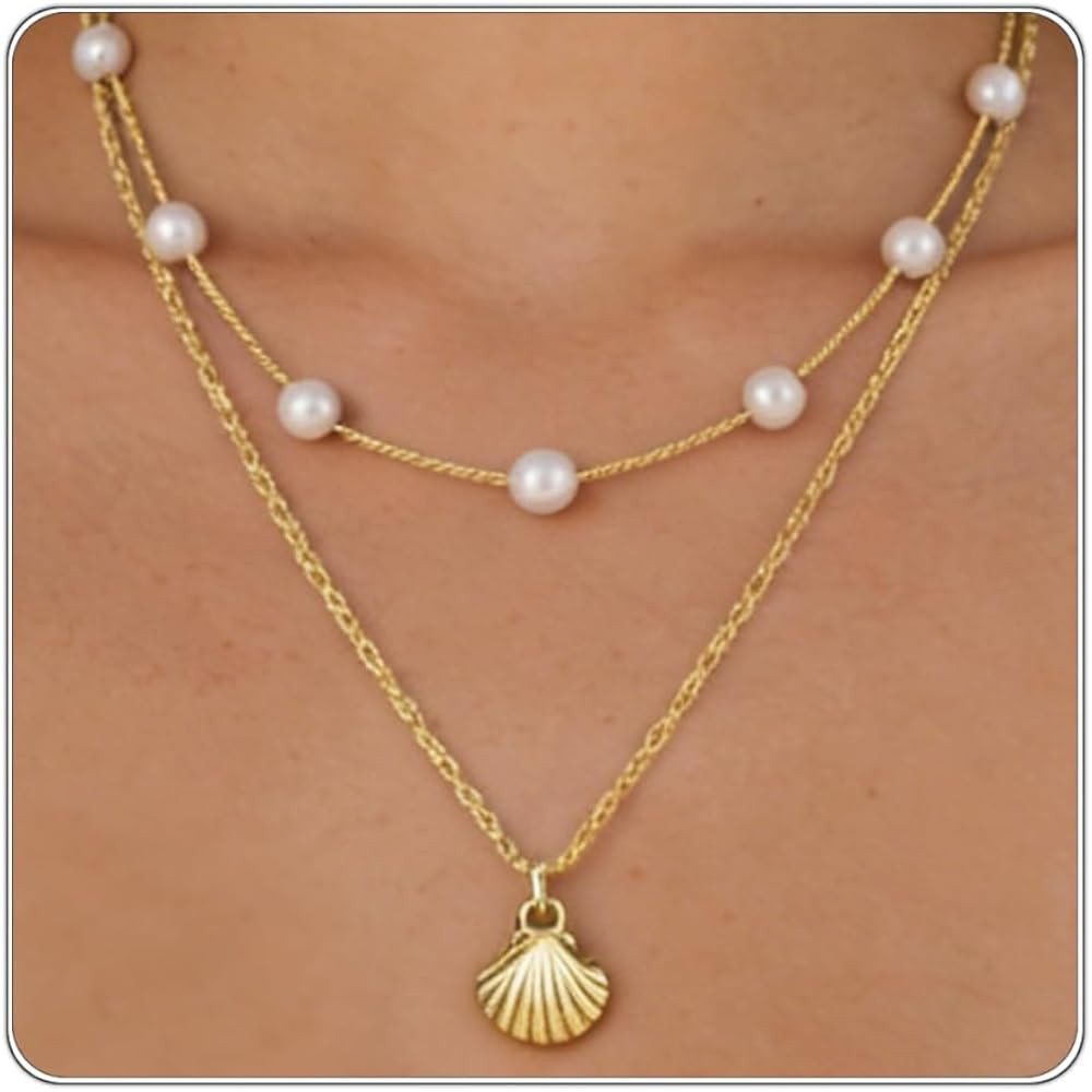 Beach Layered Shell Necklace for Women, 14K Gold Plated Starfish Conch Seashell & Pearl Charm Pen... | Amazon (US)