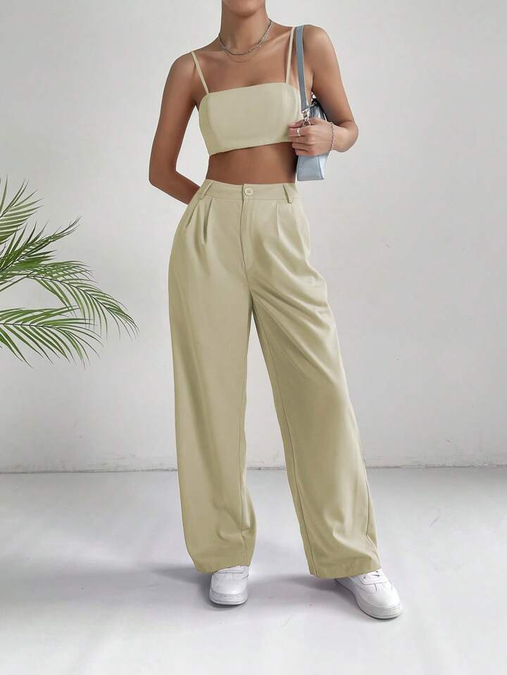 SHEIN EZwear Solid Cami Top & Fold Pleated Pants | SHEIN