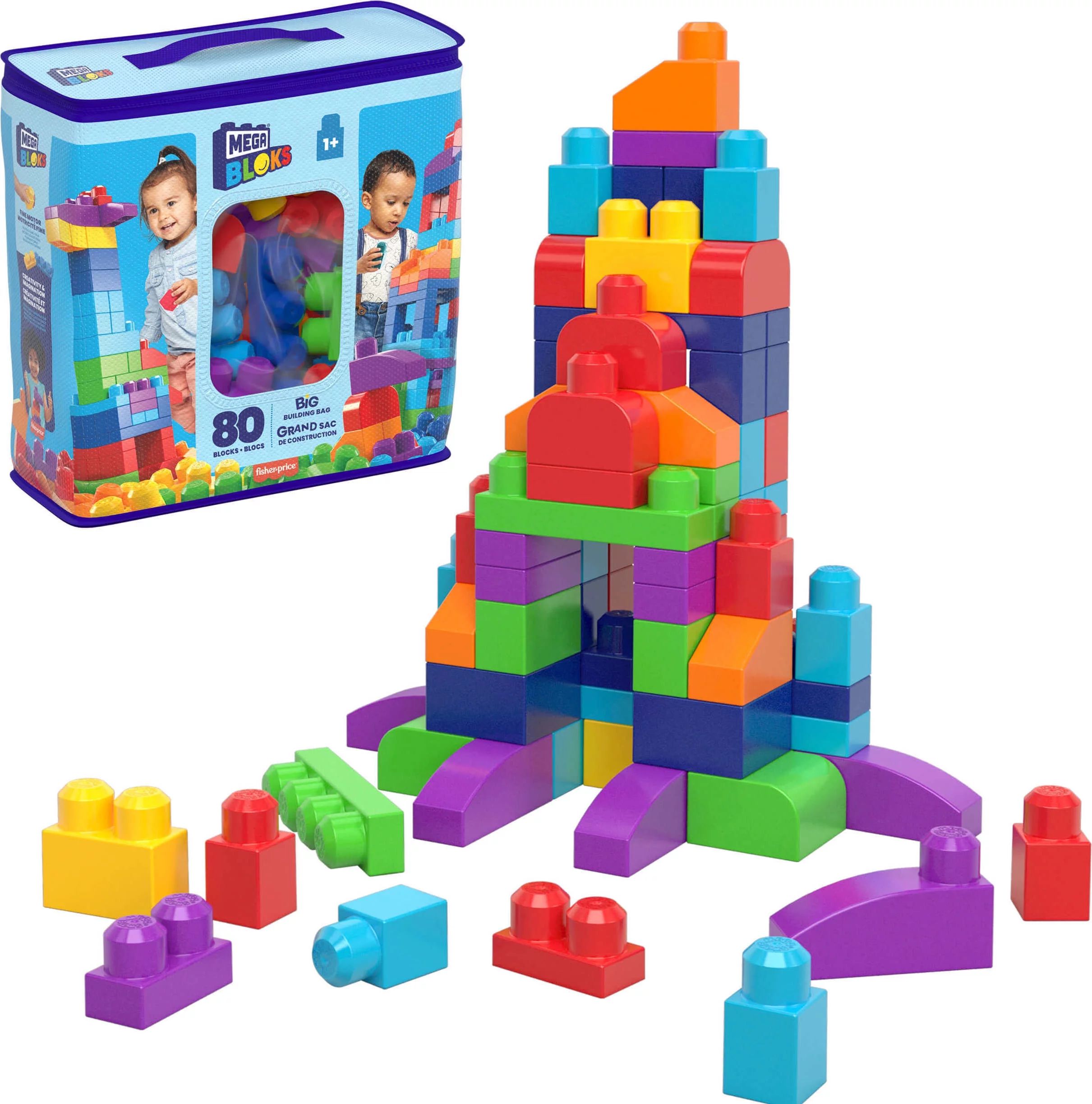 Mega Bloks Fisher-Price Toy Blocks Blue Big Building Bag With Storage (80 Pieces) For Toddler | Walmart (US)