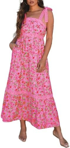 Womens Casual Dress Sleeveless Lace Tie Strap Square Neck Empire Waist A Line Maxi Dress for Spri... | Amazon (US)