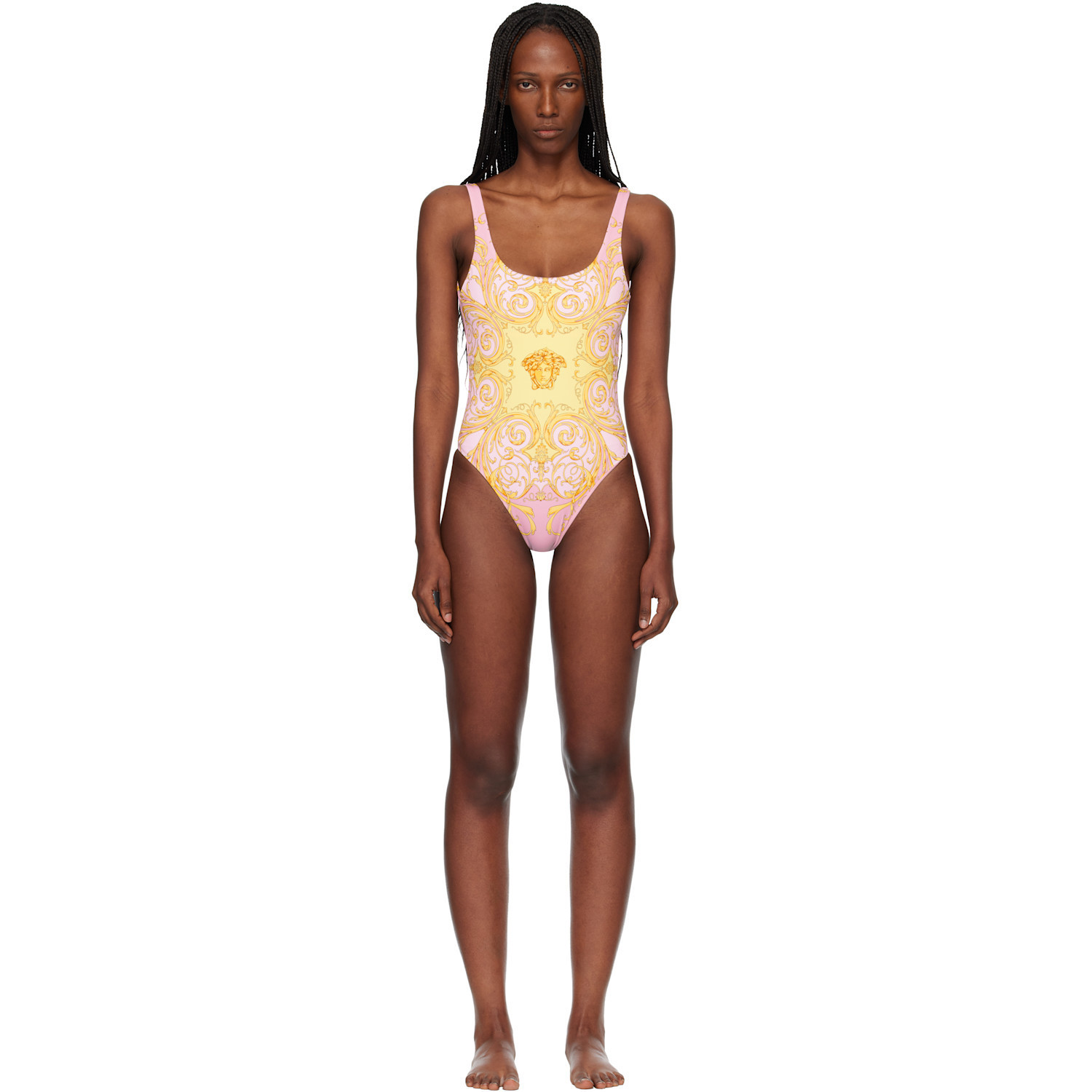Versace Yellow & Pink Printed One-Piece Swimsuit | SSENSE