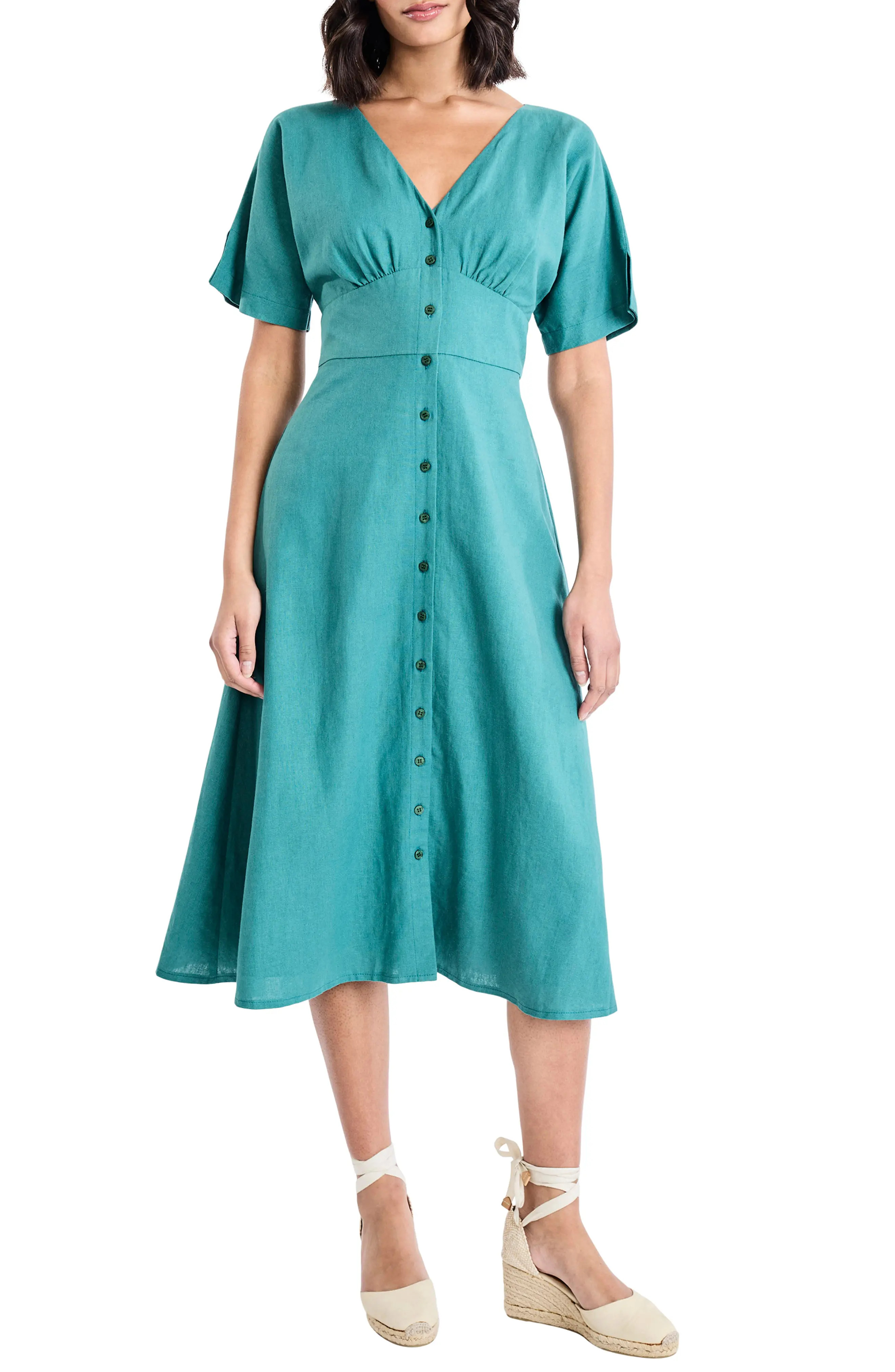 Flutter Sleeve Flare Linen Blend Midi Dress (Women) | Nordstrom | Nordstrom