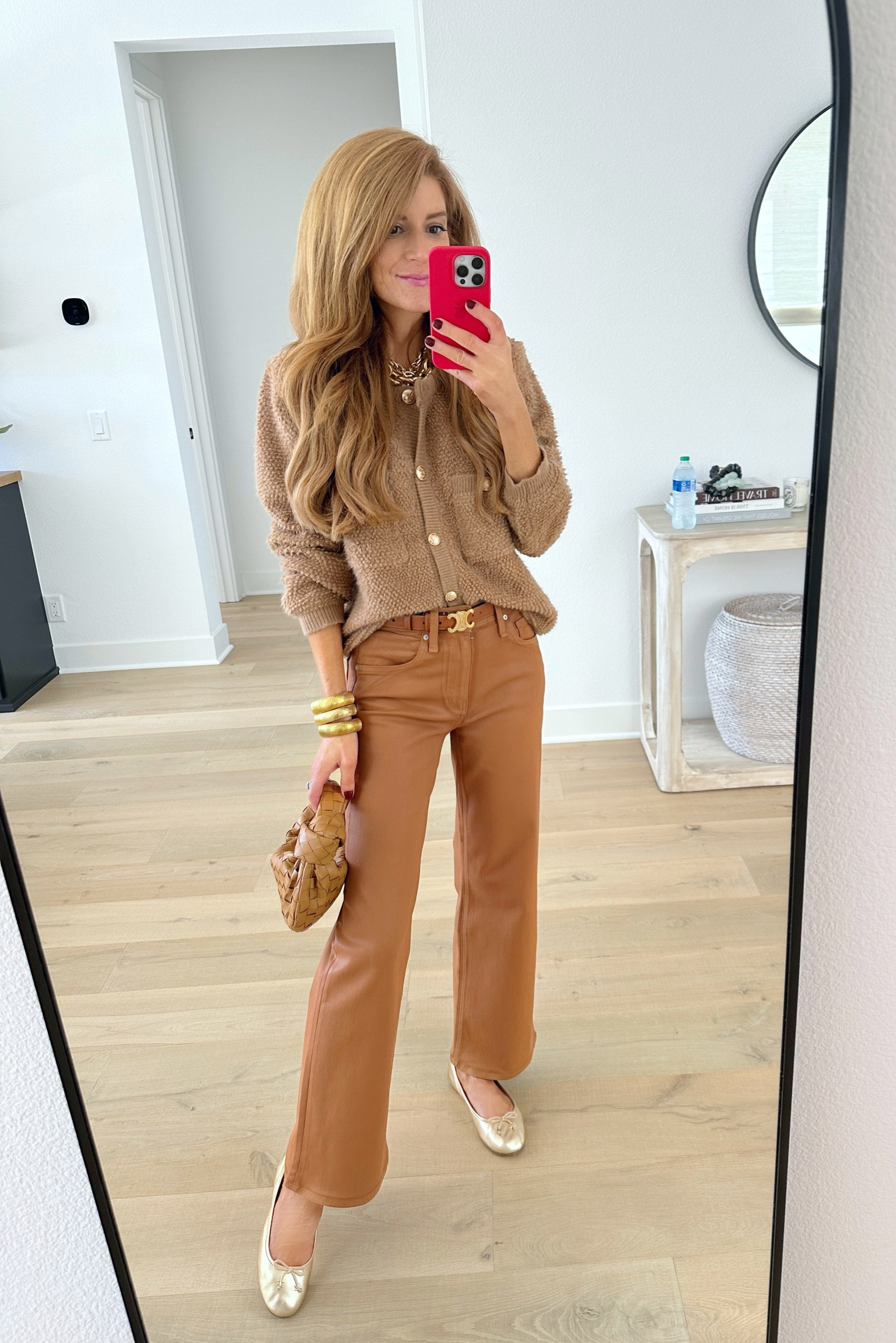 Cozy tan cardi and coated brown denim with gold ballet flats 🤎
Fall pieces i love! Xs in cardi normal size in jeans 

#LTKstyletip #LTKshoecrush #LTKfindsunder100