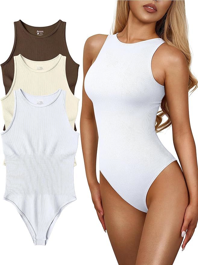 OQQ Women's 3 Piece Bodysuits Sexy Ribbed One Piece Sleeveless Halter Neck Bodysuits | Amazon (US)