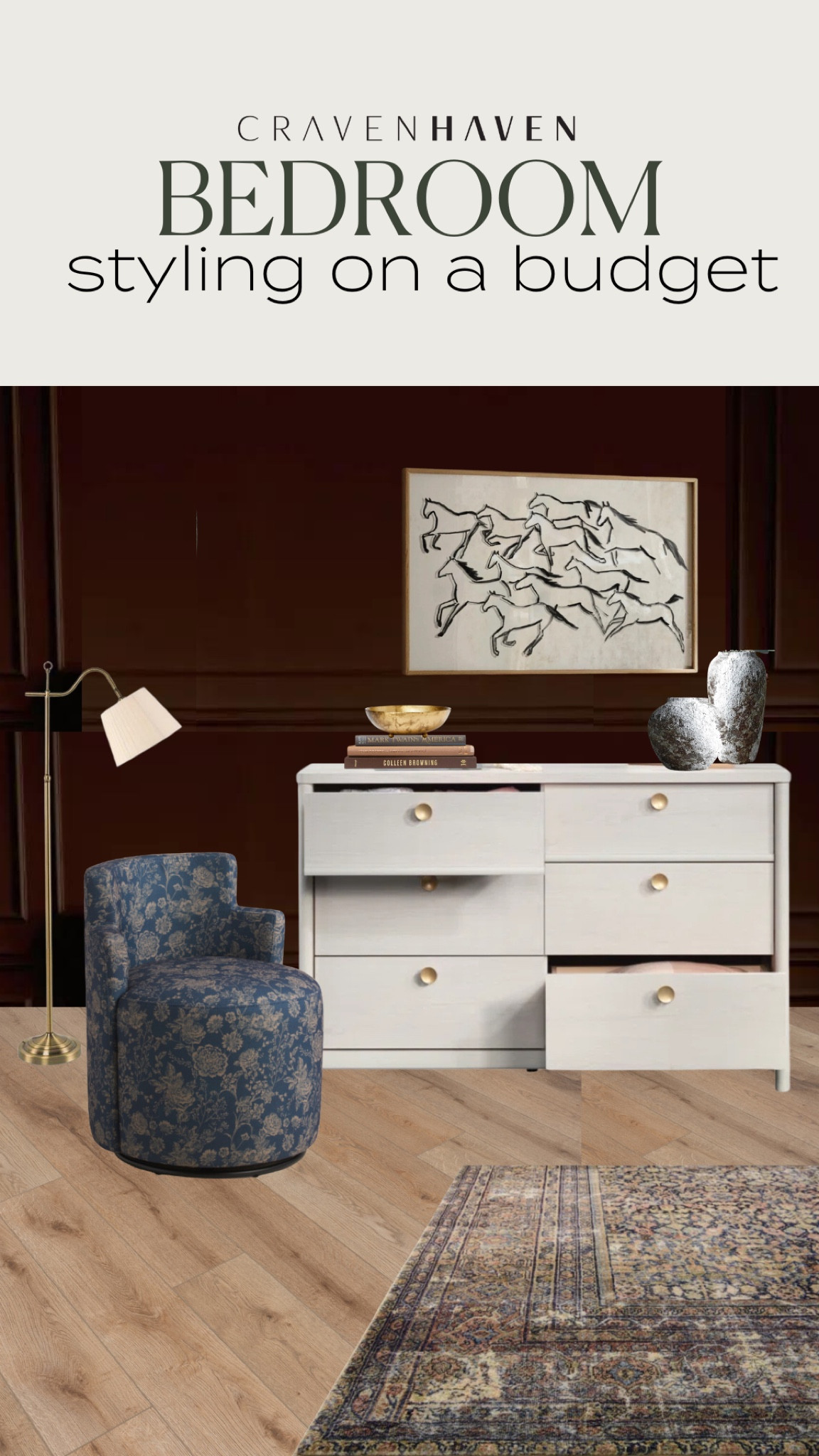 Bedroom styling - on a budget! Don’t forget to complement your bed and nightstands with an aesthetically pleasing “other” side of the room. Everything you see here totals under $1000 - including the soft amber. Lewis cloudpile rug and dresser! Snag this look for a moody bedroom retreat

#LTKfindsunder50 #LTKfindsunder100 #LTKhome