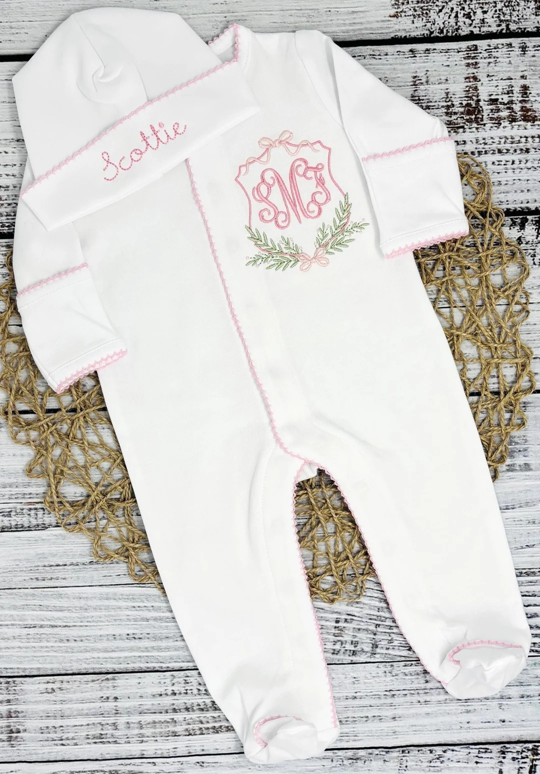 Personalized Baby Girl Outfit Coming Home Newborn Photo Set Monogram Baby White Pink Floral Custo... | Etsy (US)