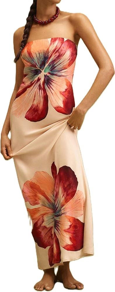 Women Strapless Floral Boho Maxi Dress Sleeveless Off Shoulder Bodycon Long Dress Formal Cocktail... | Amazon (US)