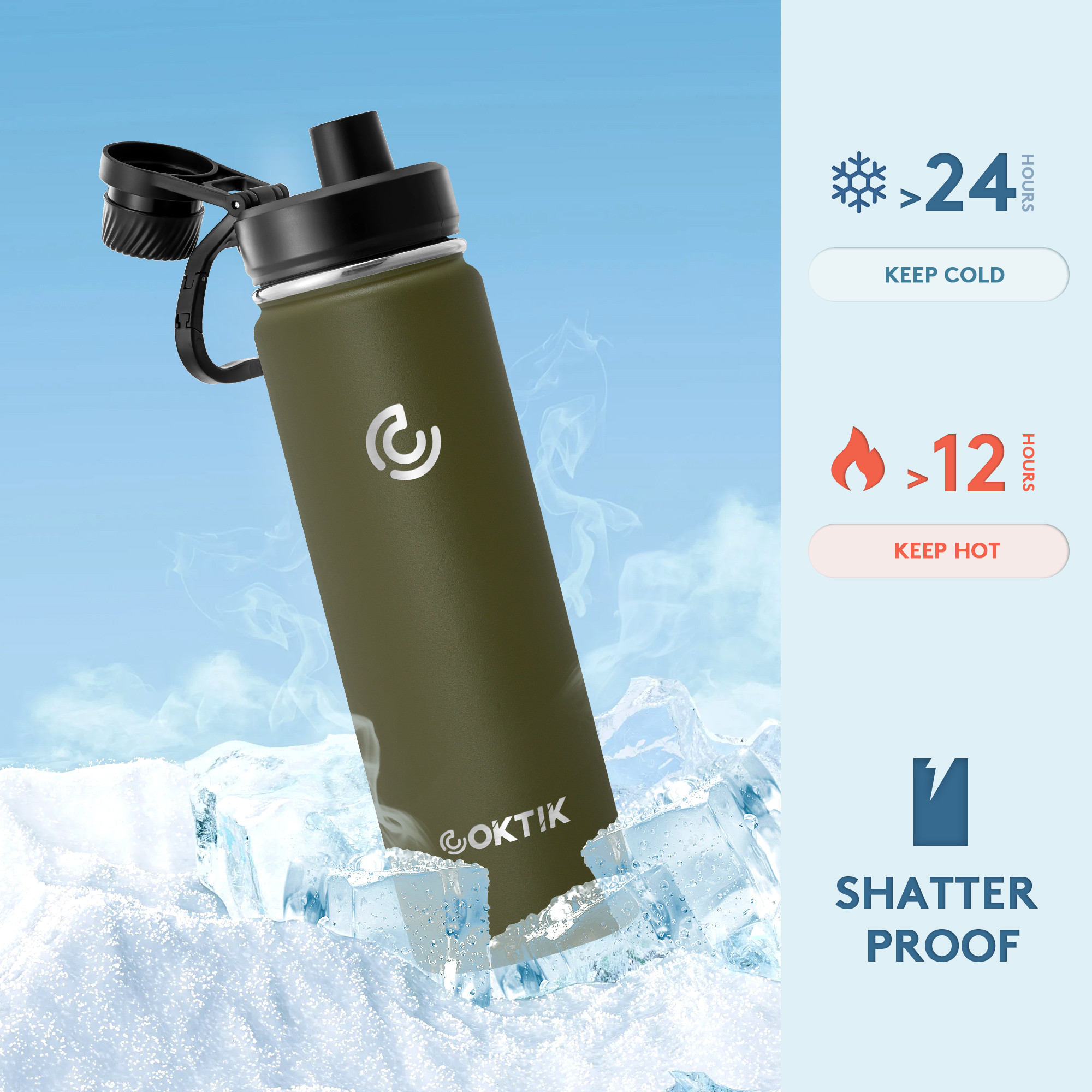 Wide Mouth 22 fl oz Insulated Stainless Steel Water Bottle with 3 Lids, Army Green. - Walmart.com | Walmart (US)