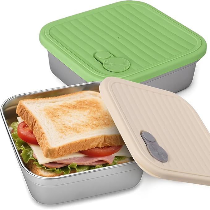 2 Pack Stainless Steel Sandwich Containers - Food Grade Sandwich Box with Lid, Reusable Metal Mea... | Amazon (US)