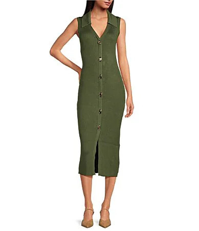 Skies Are Blue Rib Knit V Neck Sleeveless Button Front Midi Dress - S | Dillard's