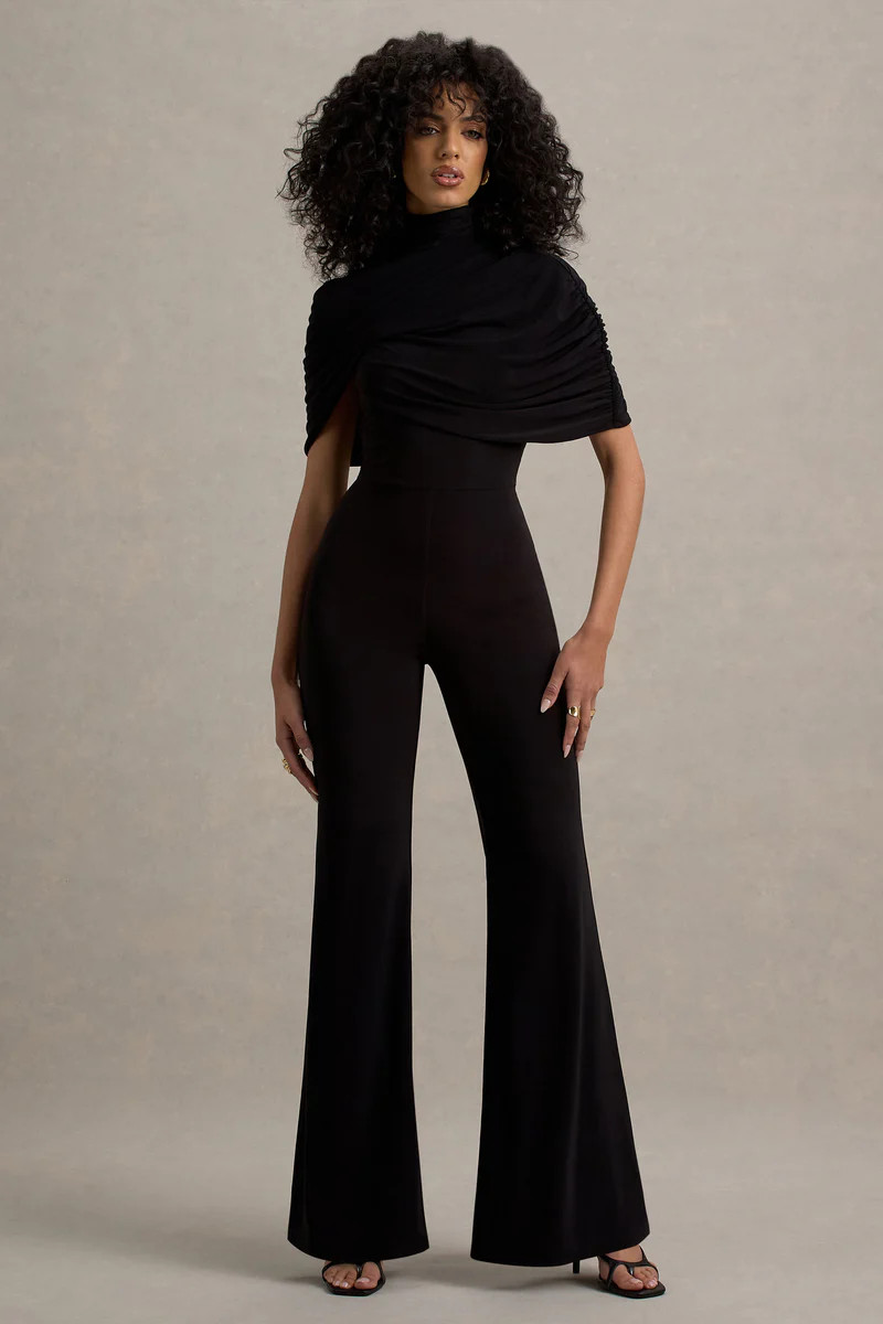 Isoline | Black Twist Cape Flared-Leg Jumpsuit | Club L London