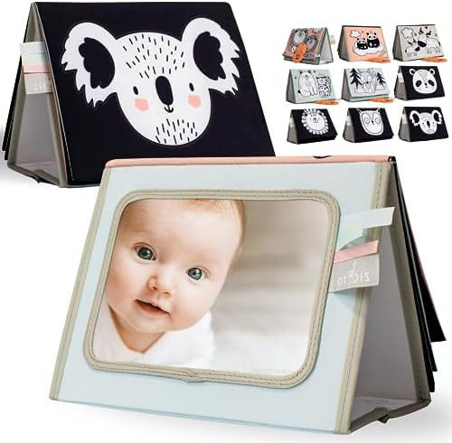 Soft Tummy Time Book w/ Large Stimulating Baby Safe Mirror - Fun High Contrast Montessori Toy w/ ... | Amazon (US)