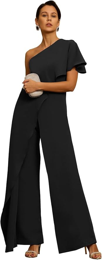 Mother of The Bride Jumpsuit Chiffon One Shoulder Ruffles Wedding Guest Pantsuit for Women | Amazon (US)