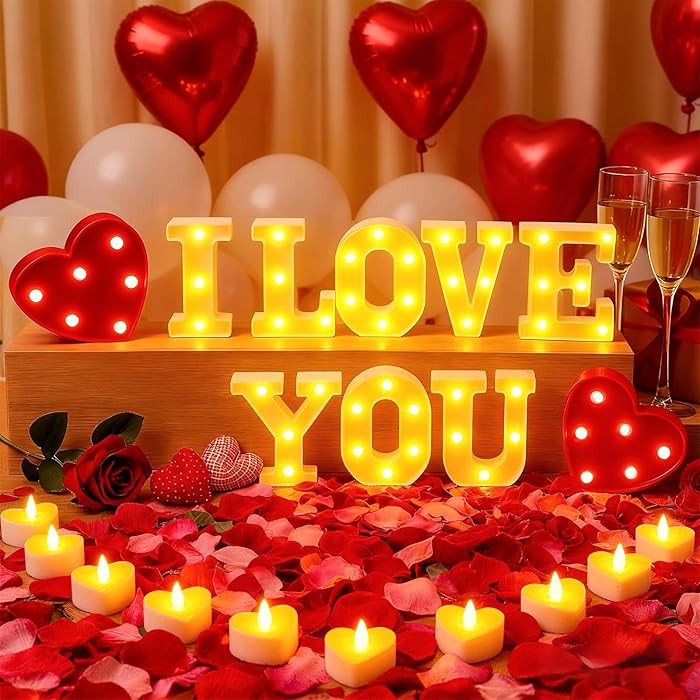 73 PCS I Love You Light Up Letters Set, with 30 Tea Lights Candles, Rose Petals, Round Pearlescen... | Amazon (US)