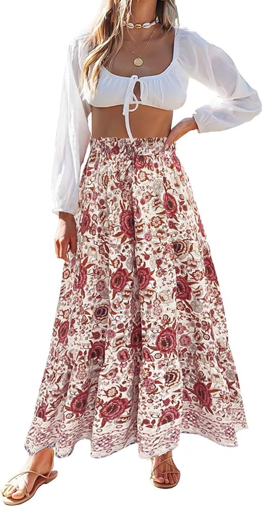 ZESICA Women's 2023 Bohemian Floral Printed Elastic Waist A Line Maxi Skirt with Pockets | Amazon (US)