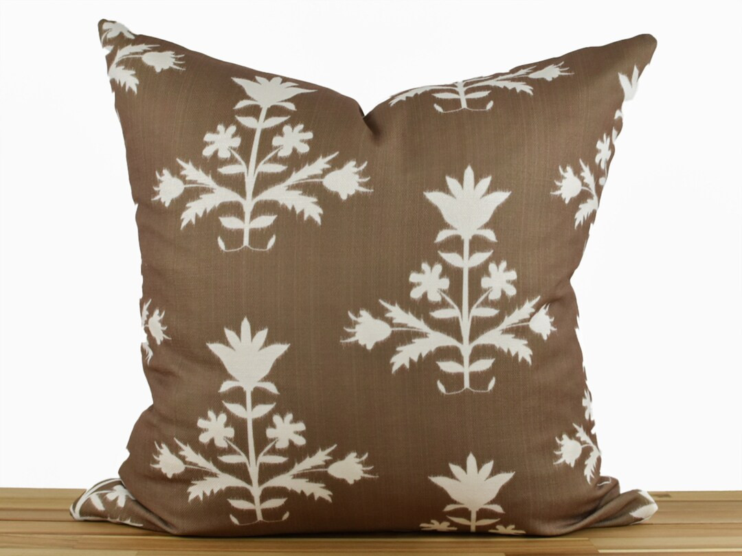 Dark Brown Block Print Inspired Pillow Cover, Brown and White Floral Pillow Cover, Ikat Patterned... | Etsy (US)