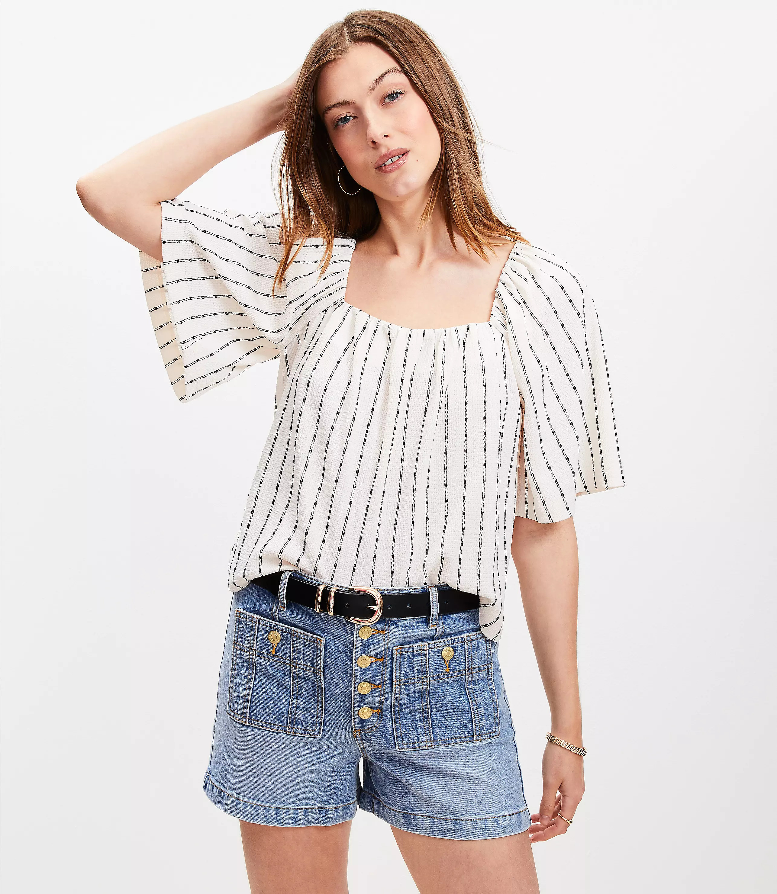 Dot Stripe Flutter Square Neck Top | LOFT