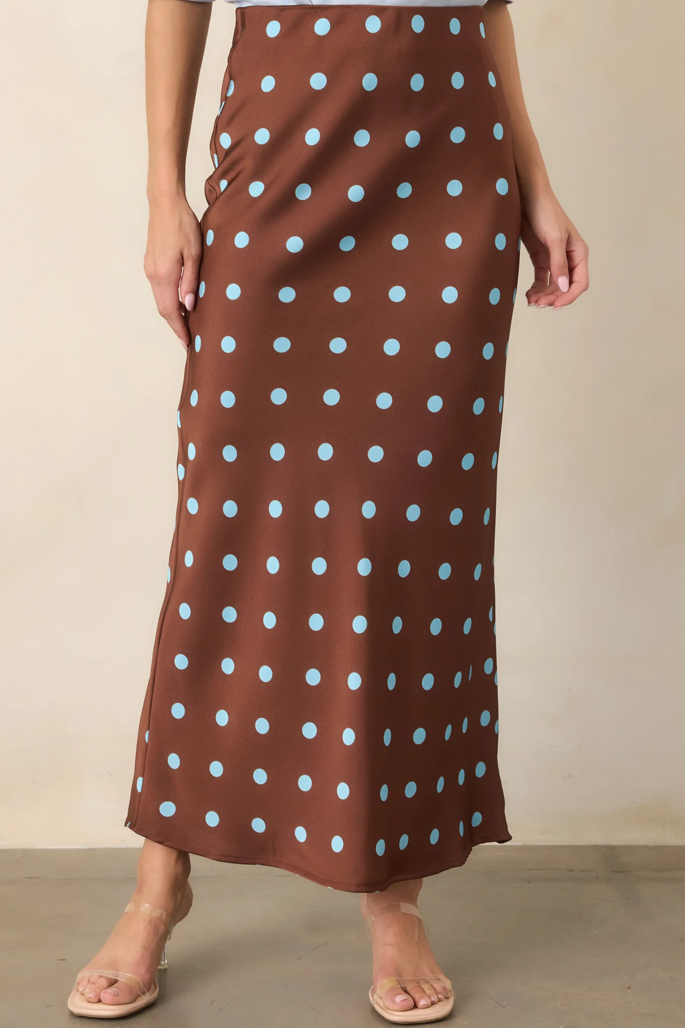 Connect the Dots Chocolate Brown Polka Dot Satin Maxi Skirt | Red Dress