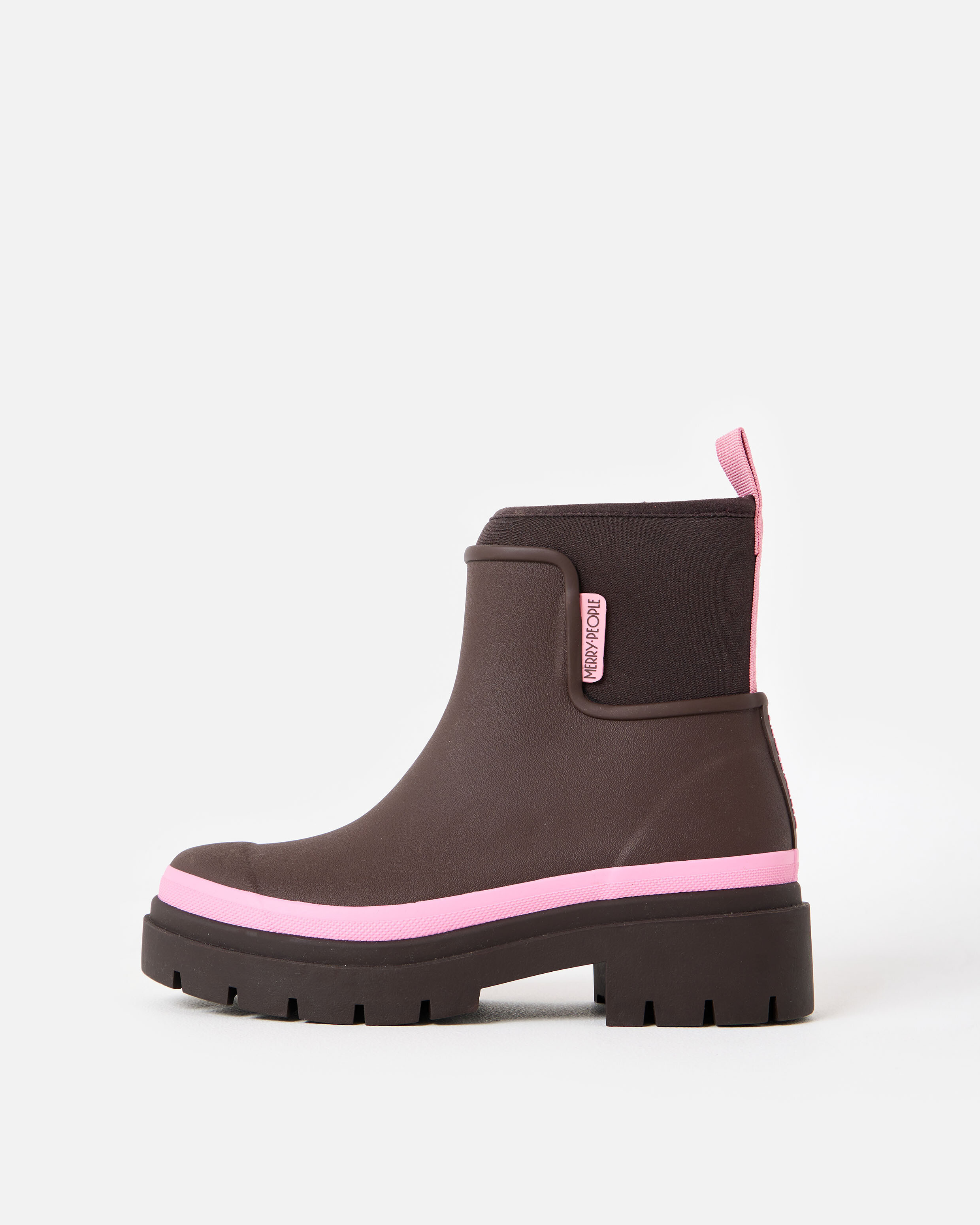 Merry People X OB Exclusive Chocolate Brown & Pink Tully Ankle Wellignton Boots, size 6 | Oliver Bonas (Global)