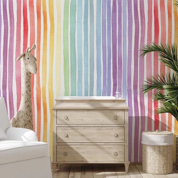 Light Rainbow Striped Wallpaper Kids Room Wall Art | Etsy | Etsy (US)