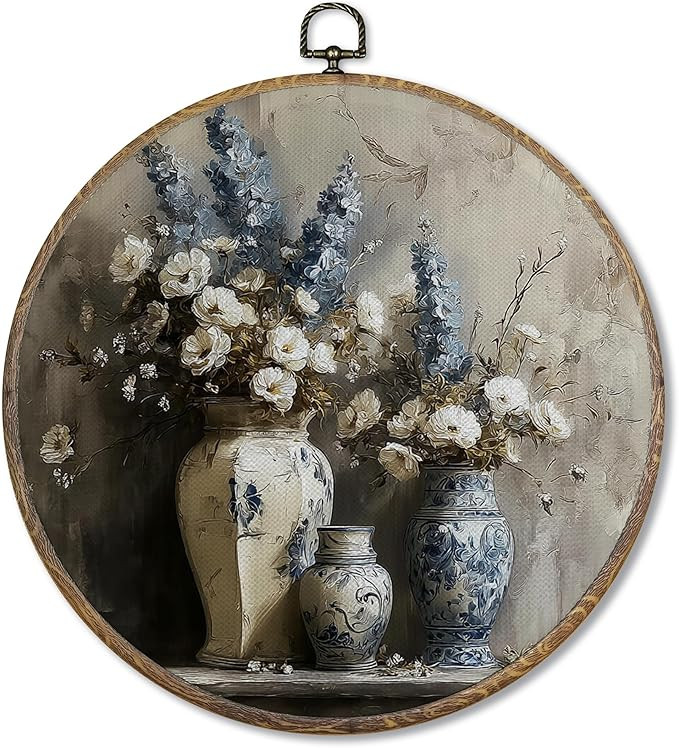 FUGWN Vintage Floral Round Wall Art Decor Framed, French Country Elegant Floral Canvas Artwork Pr... | Amazon (US)