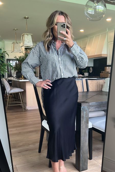 Work wear for women and over 40, styling a black midi skirt, office wear, outfit for work, oversized button down, classic outfit idea, fashion over 50, office outfit idea, work outfit idea, trending fall fashion fall outfit 

#LTKover40 #LTKworkwear #LTKSeasonal
