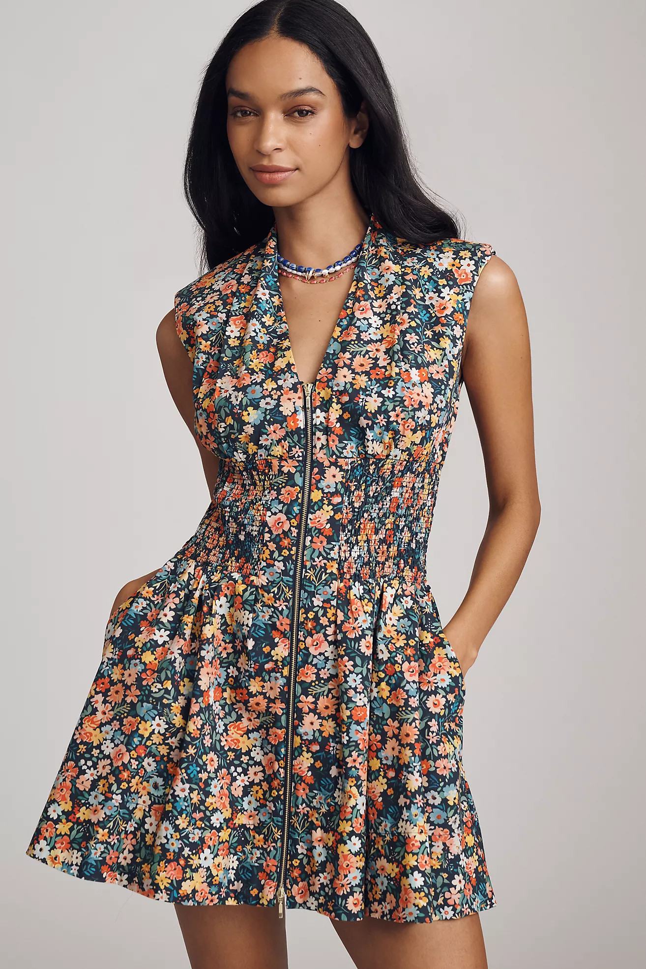 The Tommie Cap-Sleeve Smocked Front-Zip Shirt Dress: Mini Edition | Anthropologie (US)