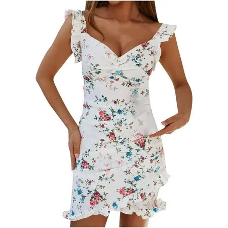 Womens Summer Dress V Neck Boho Floral Smocked Dress Ruffle Flowy Puffy Sleeve Mini Dresses | Walmart (US)