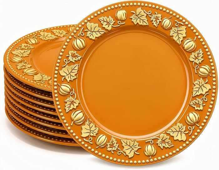 Havawish 8 Pcs 13 Inch Orange Charger Plates with Pumpkin & Fall Leaf Edge | Amazon (US)