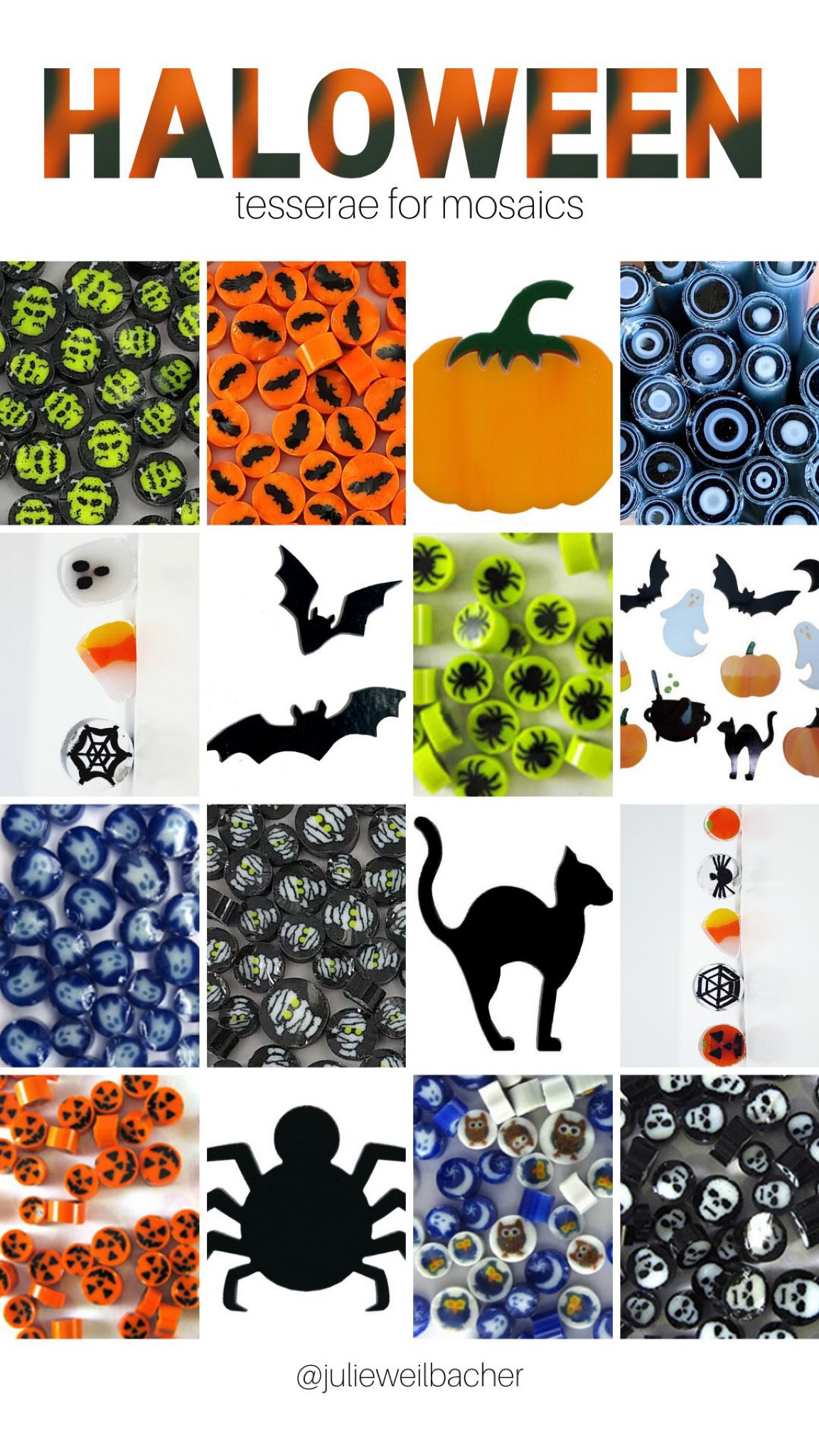 Here’s some Halloween mosaic tesserae that’s equally cute as it is scary. They’re the perfect mix!

For mosaic tips, tutorials, inspiration, and so much more please visit my YouTube channel: YouTube.com/julieweilbacher. 

Follow @julieweilbacher on Instagram for all things mosaic including mixed media mosaic, mixed media art, stained glass art, stained glass mosaic, murrini, millefiori, arts and crafts, studio organization, crafts organization, arts and crafts organization, art space, art studio, mosaic studio, mosaic workshop, art workshop, stained glass storage, mosaic tesserae, mosaic materials, mosaic tile, mosaic glass tile, glass tile, glass rods, stained glass, vitreous glass, mosaic home decor, mosaic wall art, mosaic mirror, mosaic projects, mosaic candle holder, mosaic votive, mosaic table, mosaic flower pot, mosaic crafts, beginner art, mosaic workshop, beginner mosaic, fine crafts, broken tile crafts, broken tile mosaics, broken tile art, pique assiette, pique assiette mosaic, piccassiette, jack o lantern, pumpkin, spider, mummy, bat, black cat, candy corn, witch’s caldron, ghost, spider web, owl, and skull.


#LTKFind #LTKhome #LTKSeasonal
