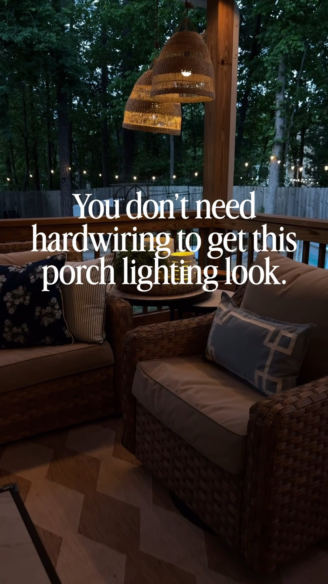 The easiest porch upgrade I’ve done all year.
If you’ve been wanting pretty porch lighting but don’t want to mess with hardwiring, this is such an easy project. These woven pendants completely transformed our back porch! 
•
•
•
porch lighting ideas, woven pendant lights, outdoor lighting, back porch decor, outdoor living, patio decor, DIY outdoor lighting, rechargeable light bulbs, cozy porch ideas, outdoor entertaining, home decor inspiration, cottage style porch, porch makeover, budget-friendly home decor

#LTKSeasonal #LTKHome #LTKmomlife