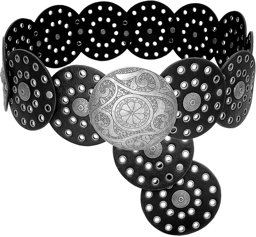 Wide Disc Belt for Women Boho Disk Concho Leather Belts Western Waist Belts for Dress | Amazon (US)