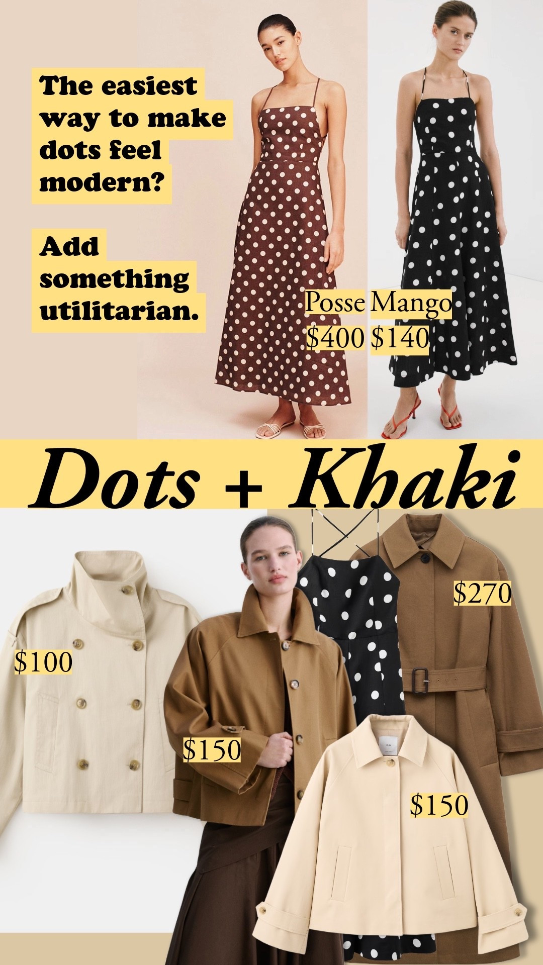 Mango's polka dot dress in lyocell-linen gives you a silkier drape than pure linen, and Posse’s dress is sold out anyway. Pair with khaki utility pieces – the contrast makes dots feel modern instead of precious | polka dot dress, Mango dress, lyocell dress, khaki jacket, utility jacket, cropped trench, safari jacket, dots and khaki, spring dress outfit, feminine and structured styling


#LTKootd