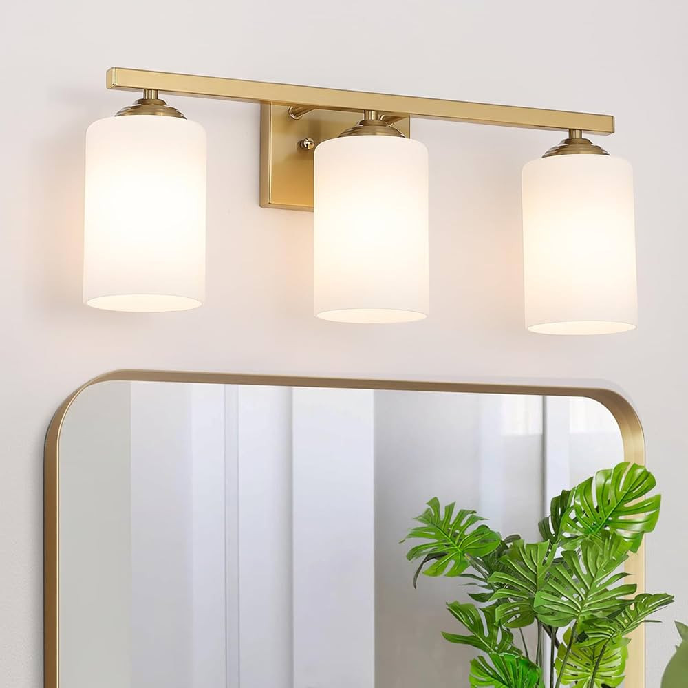 3-Light Bathroom Light Fixtures, Brushed Gold Modern Vanity Lights with Milk Glass Shade, Bathroo... | Amazon (US)
