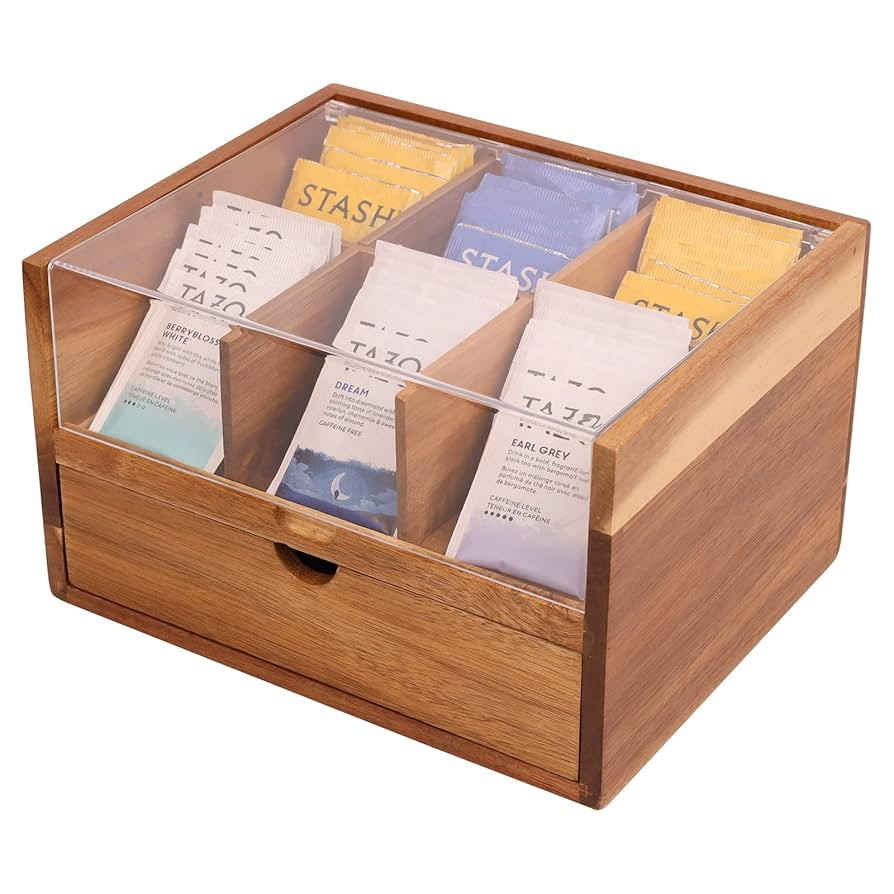 Large Tea Organizer 2 Tier with Drawer by HTB, Tea Bag Organizer with Acrylic Transparent Hinged ... | Amazon (US)