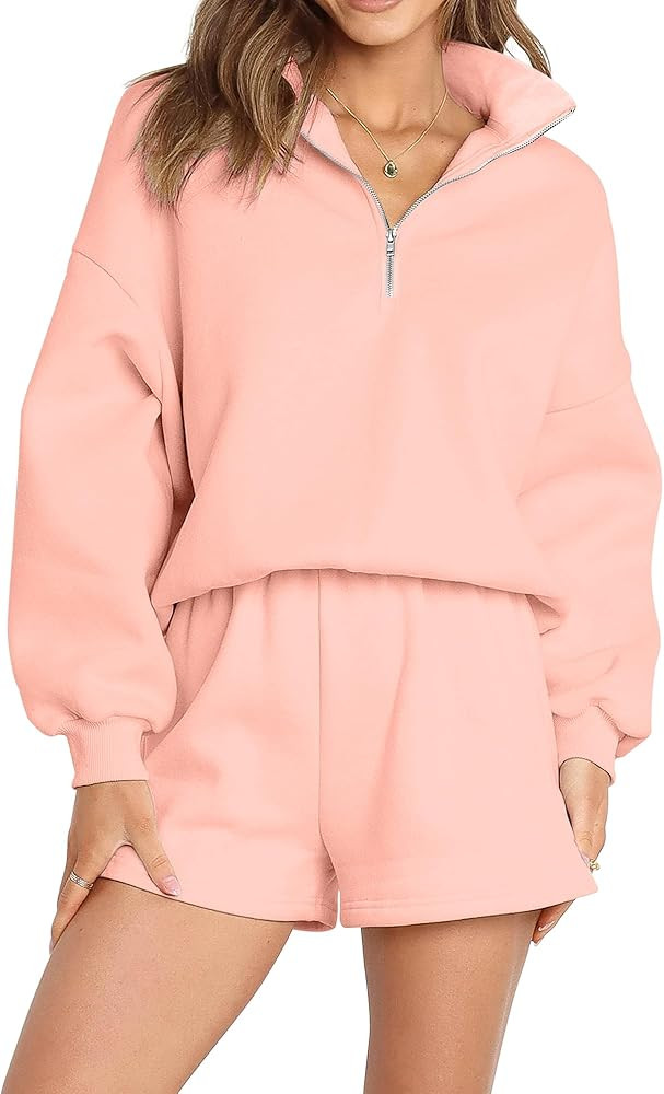 FUPHINE 2024 2 Piece Trendy Outfits for Women Comfy Half Zip Collared Long Sleeve Shorts Sweatsui... | Amazon (US)