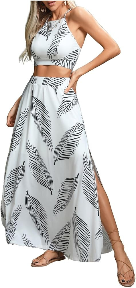 Verdusa Women's 2 Piece Outfits Beach Vacation Outfits Tropical Print Tie Back Cami Top and Split... | Amazon (US)