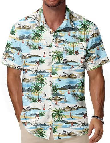EoBeKee Short Sleeve Hawaiian Shirt for Men, Tropical Island Scenery Print Casual Button Down Shirt for Summer Relaxing Holiday | Amazon (US)