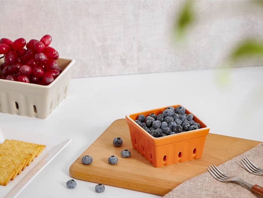 ONEMORE Ceramic Berry Basket, Rustic Stoneware Berry Bowls Colander, Square Fruit Bowls for Kitch... | Amazon (US)