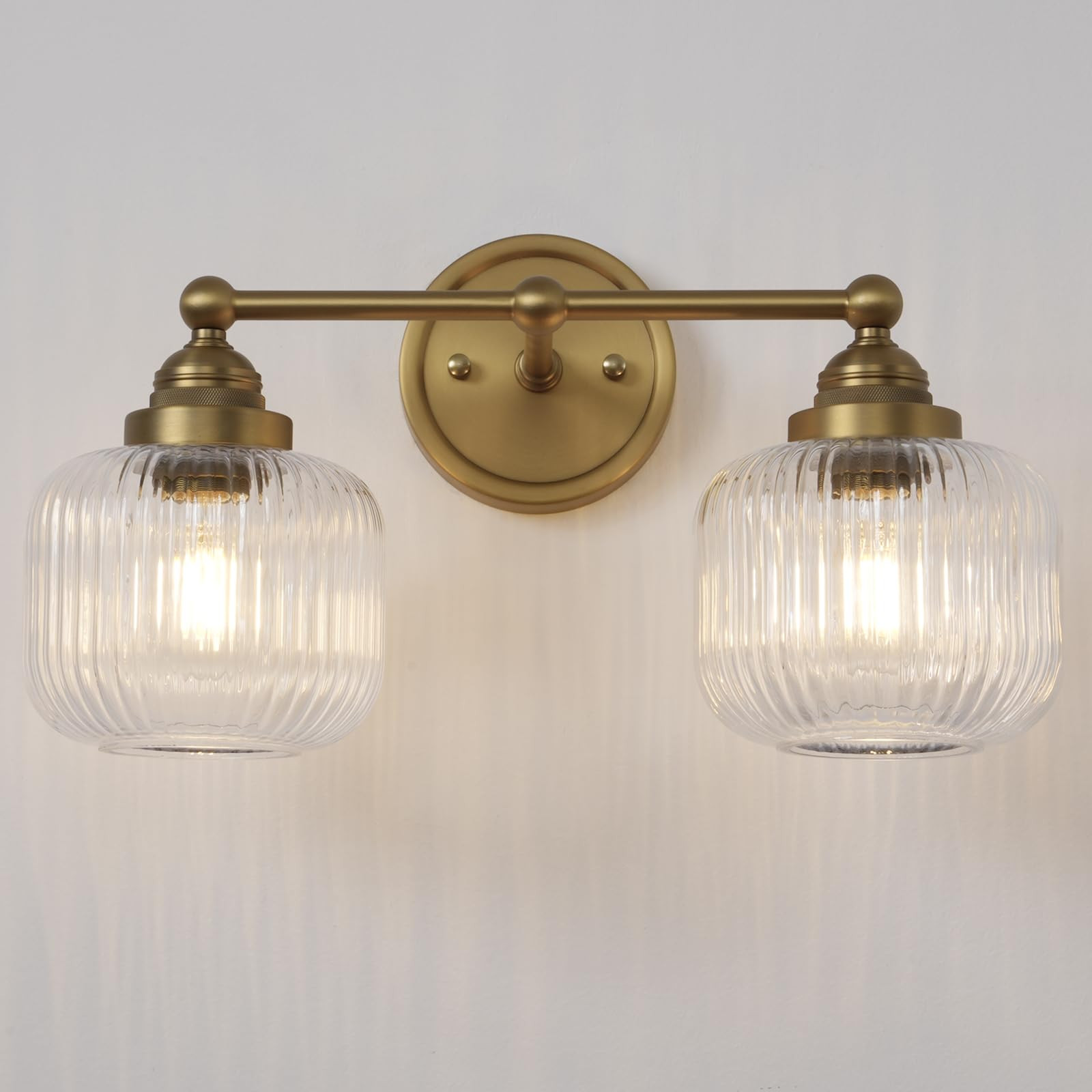 Vintage 2-Lights Clear Ribbed Glass Wall Sconce Lighting Brass Finished, Double Head Bathroom Van... | Amazon (US)