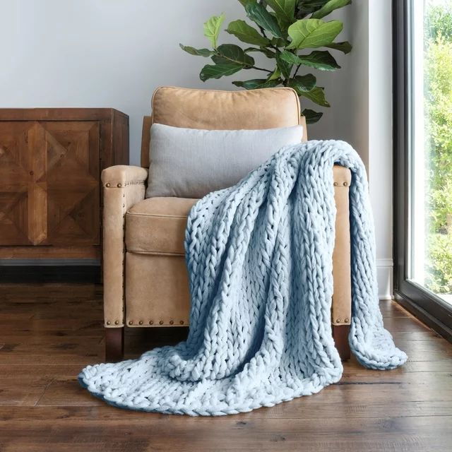 Light Blue Chunky Knit Throw Blanket, One Size, by Noble Linens | Walmart (US)