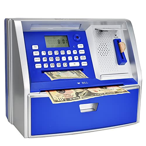 ATM Savings Bank with Debit Card, Electronic Piggy Bank for Real Money, Coin Recognition, Targets Setting, Password Login, Voice Prompt, Great Gift for Boys Girls (Silver/Blue) | Amazon (US)