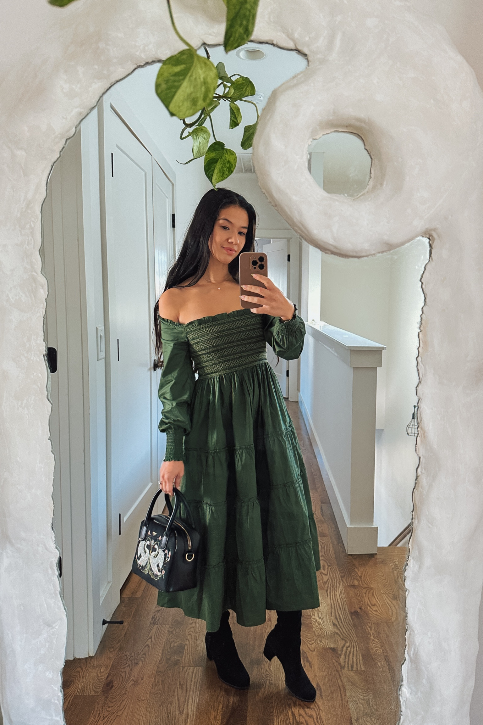 Green fall dress - can be worn off the shoulder or with shoulders up for a square neckline 🍃 

#LTKSeasonal #LTKstyletip