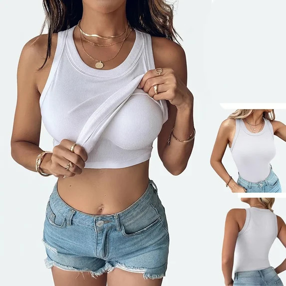 CHICME Womens Built in Bras Tank Tops Sleeveless Casual Shirts Racerback Ribbed Tank Top White-M | Walmart (US)