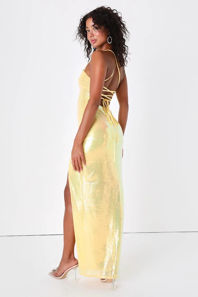 Glam Diva Iridescent Yellow Sequin Lace-Up Maxi Dress | Lulus (US)